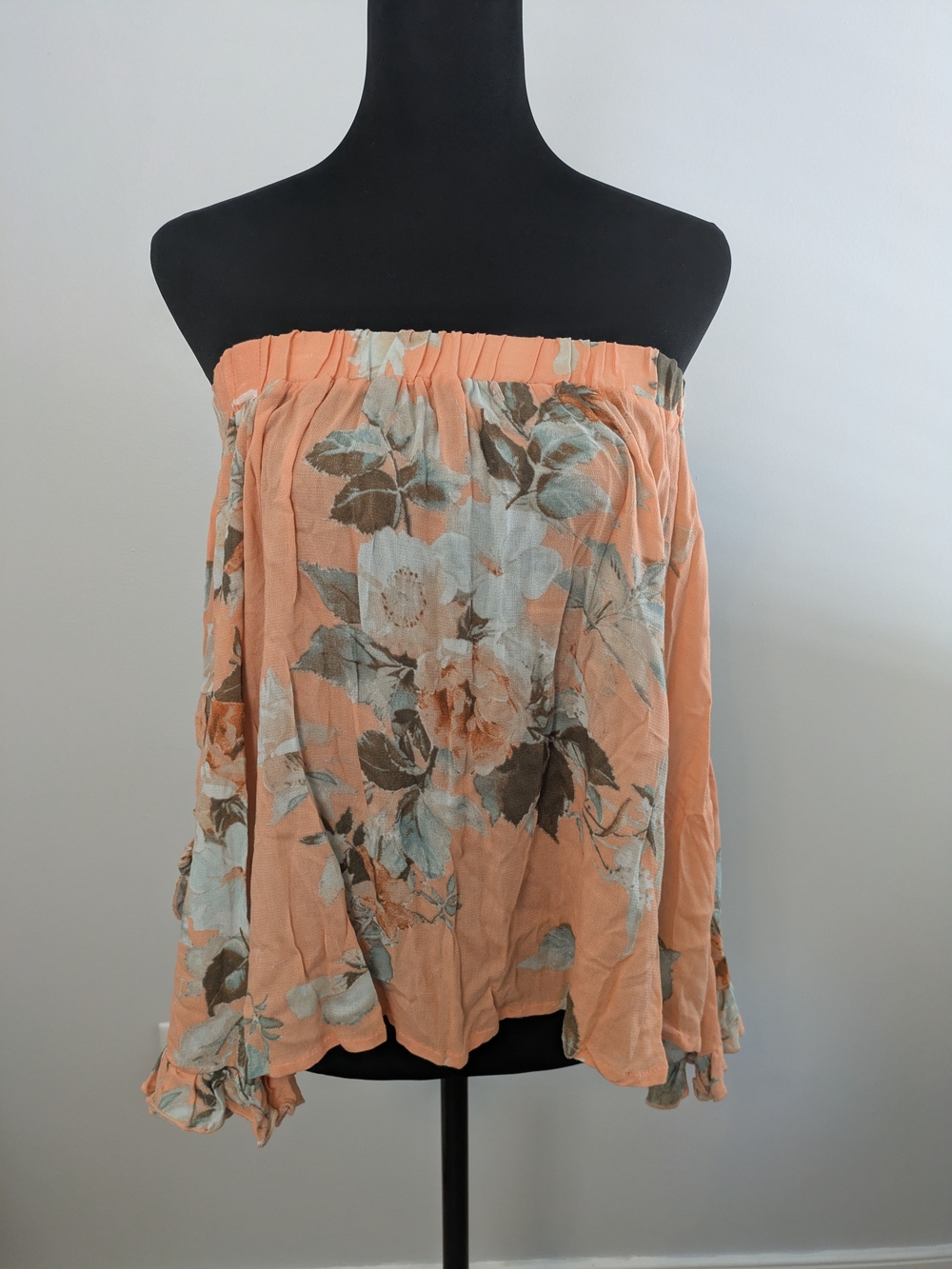 Altar'd State Peach Floral Strapless Tunic Size L Long Sleeve Flowy Shabby Chic
